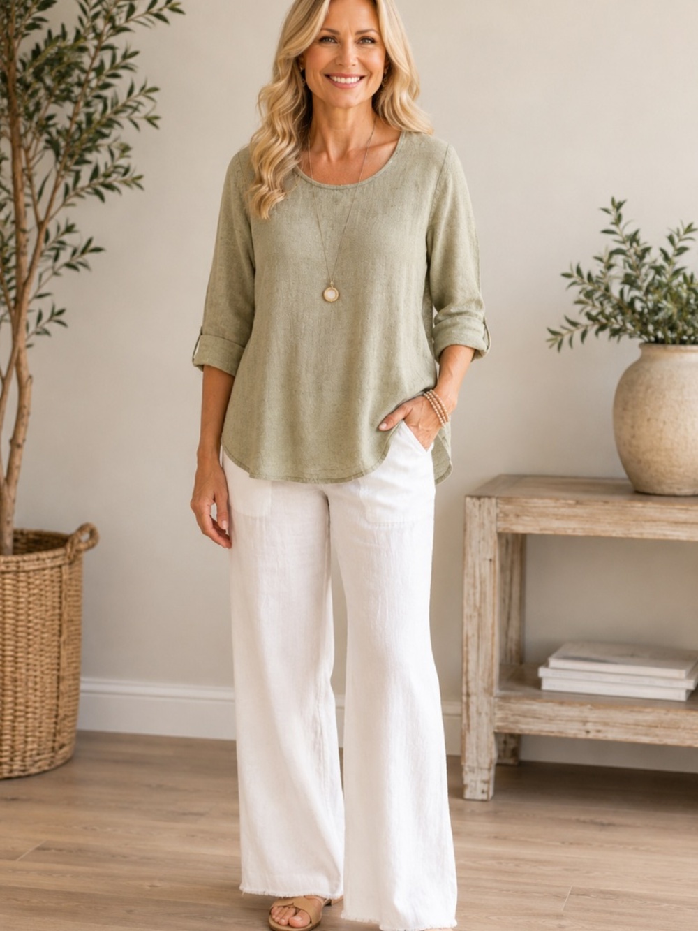 FLAX Jeanne Engelhart Sage Green Linen Tunic Top Small 3/4 Sleeve Lagenlook